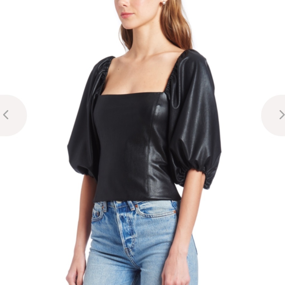 NWOT Amanda Uprichard Black Faux-Leather Puff-Sleeve Square-Neck Top Size Small